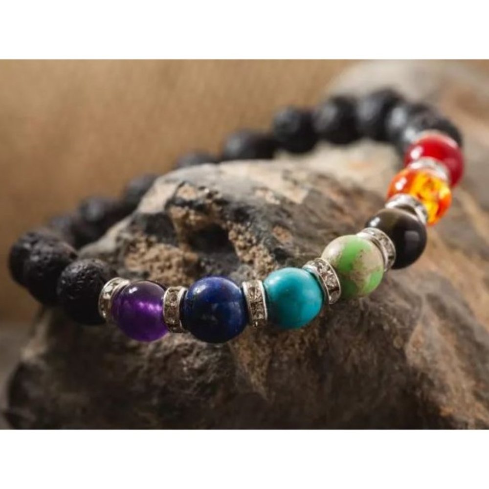 10mm Black Lava Rock 7 Charkra Stone Bead Stretch Bracelet